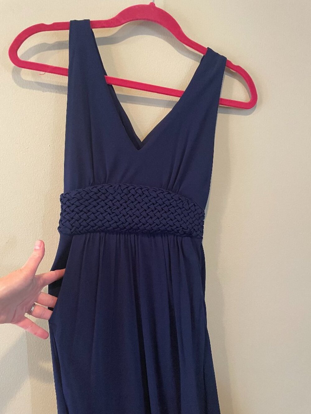 Anthropologie Maeve Navy Maxi Dress Braided Empire Waist Pockets Sz 2